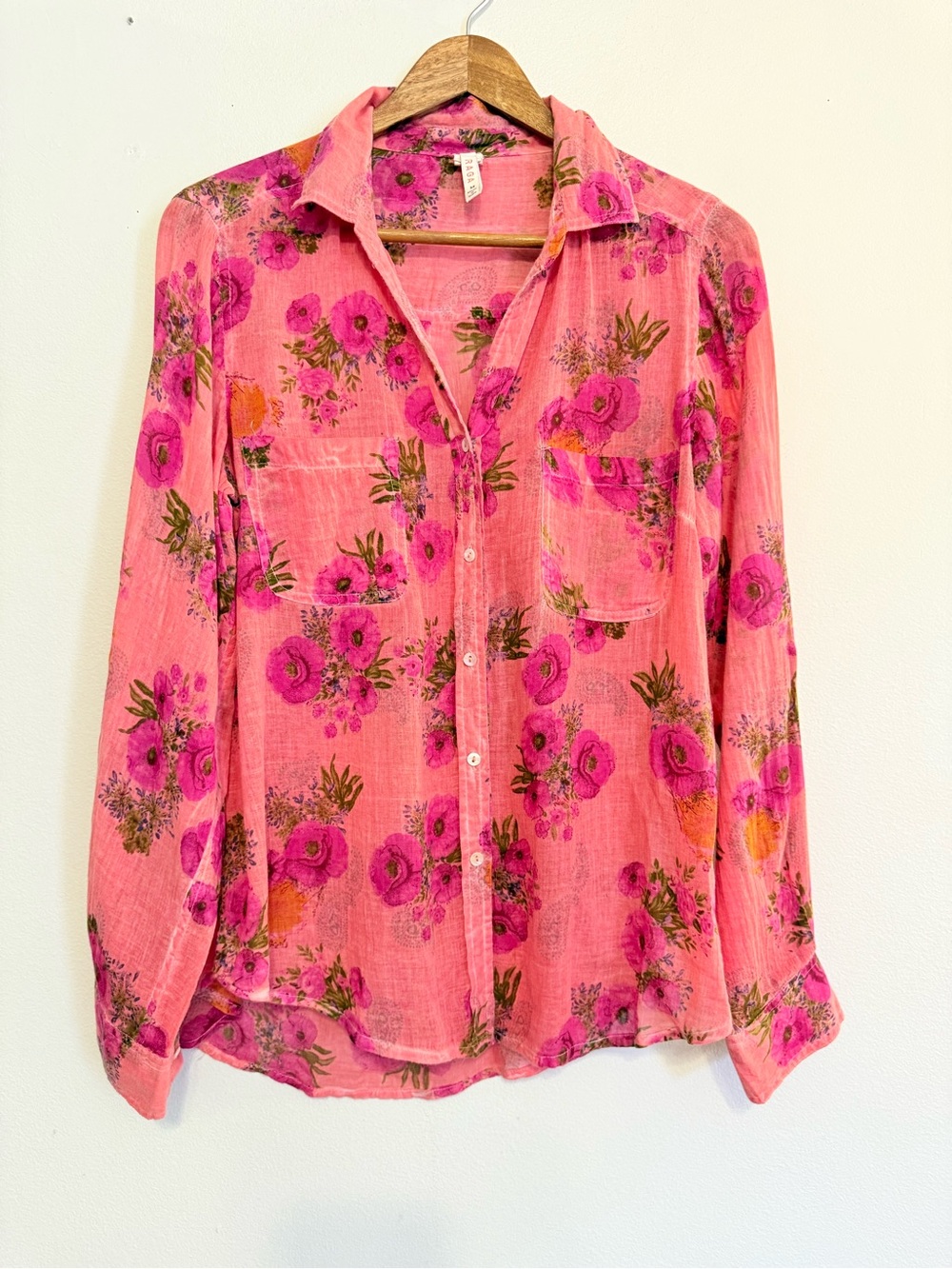 RAGA Anthropology Button Up Pink Floral Blouse Boho Lightweight Gauzy Cotton